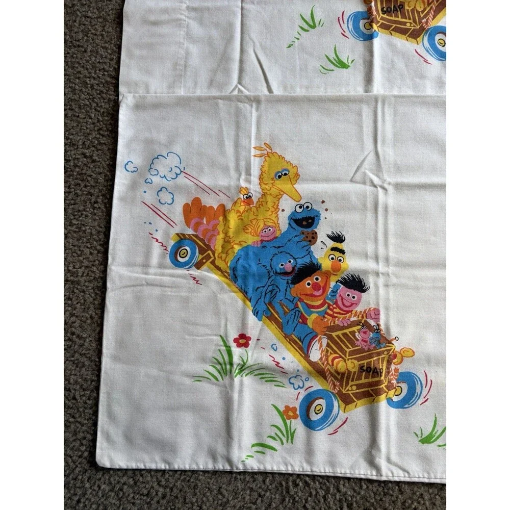 (2) VTG Sesame Street Soap Box Derby Pillow Case Tweedle bugs Ernie Bert Cookie